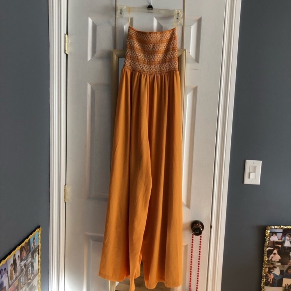 Mustard colored strapeless jumpsuit